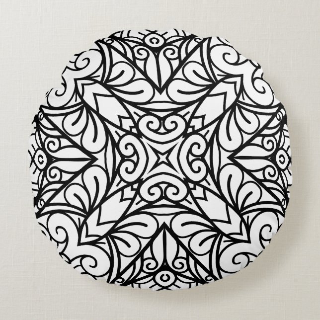 Black and White Mandala Frame Pattern  Round Cushion (Front)
