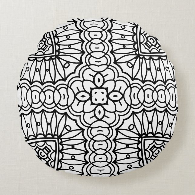 Black and White Mandala Frame Pattern  Round Cushion (Front)