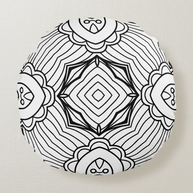 Black and White Mandala Frame Pattern  Round Cushion (Front)