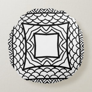 Black and White Mandala Frame Pattern Round Cushion
