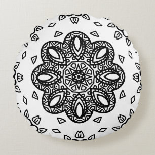 Black and White Mandala Frame Pattern Round Cushion