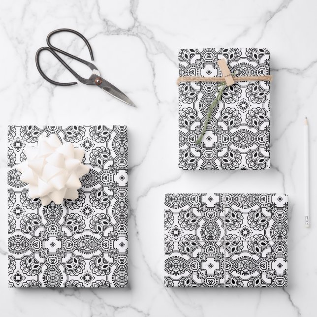 Black and White Mandala Frame Pattern  Wrapping Paper Sheet (Front)