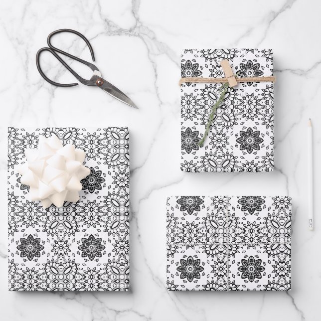 Black and White Mandala Frame Pattern  Wrapping Paper Sheet (Front)