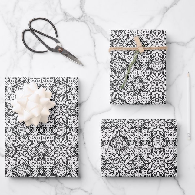 Black and White Mandala Frame Pattern  Wrapping Paper Sheet (Front)