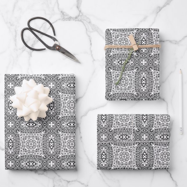 Black and White Mandala Frame Pattern  Wrapping Paper Sheet (Front)