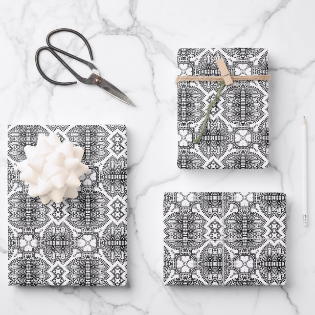 Black and White Mandala Frame Pattern  Wrapping Paper Sheet (Front)