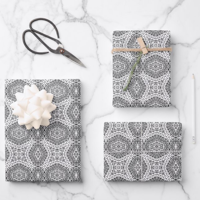 Black and White Mandala Frame Pattern  Wrapping Paper Sheet (Front)