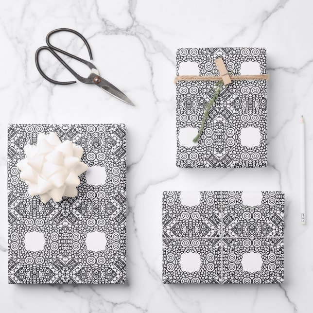 Black and White Mandala Frame Pattern  Wrapping Paper Sheet (Front)