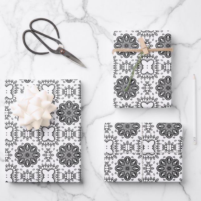 Black and White Mandala Frame Pattern  Wrapping Paper Sheet (Front)