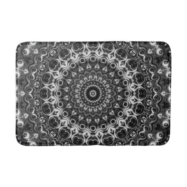 Black and White Mandala Geometric Design Bath Mat (Front)