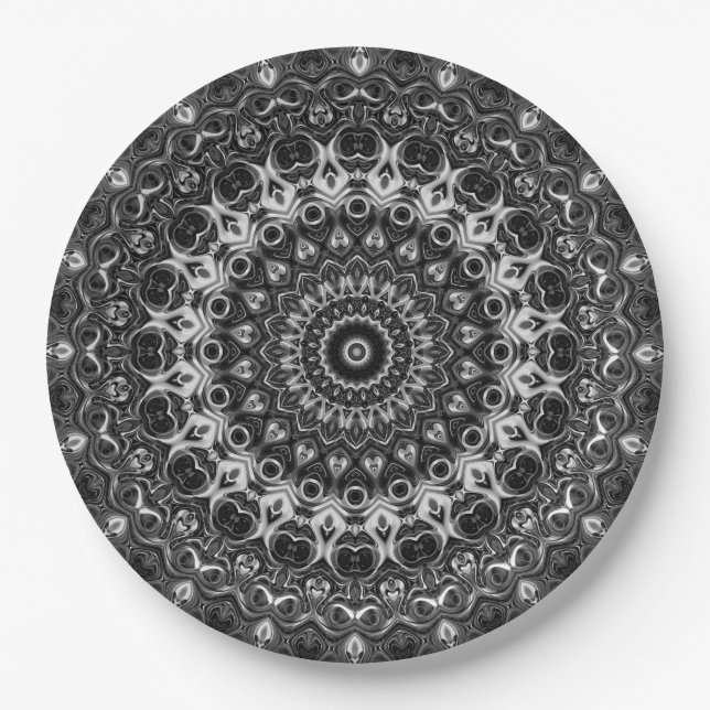 Black and White Mandala Geometric Design Paper Plate (Front)