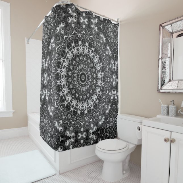 Black and White Mandala Geometric Design Shower Curtain (In Situ)