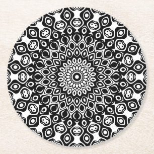 Black and White Mandala Kaleidoscope Medallion Round Paper Coaster
