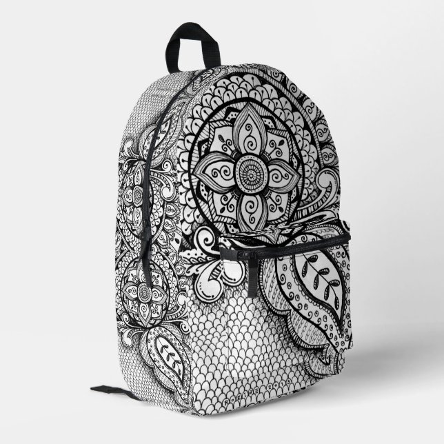 Black and White Mandala Mermaid Webbing Boho Chic Printed Backpack (Back Corner Left)