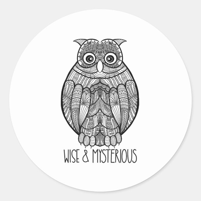 Black and White Mandala Owl Illustration with Text Classic Round Sticker (Front)