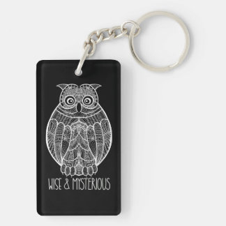 Black and White Mandala Owl Illustration with Text Key Ring