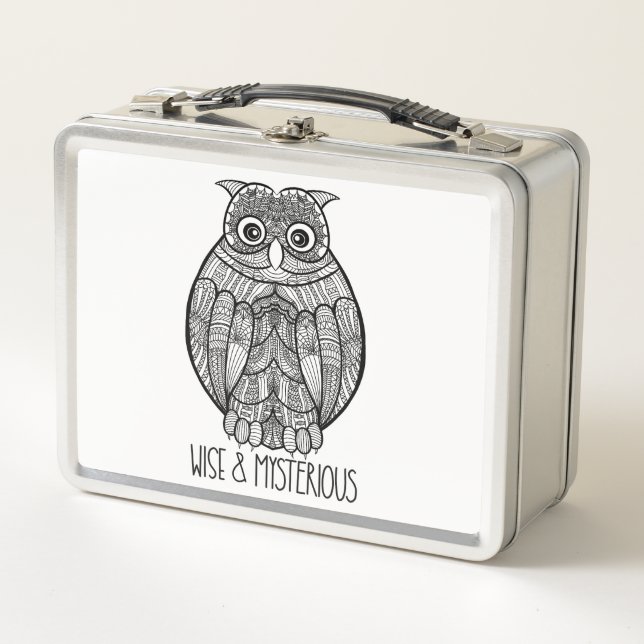 Black and White Mandala Owl Illustration with Text Metal Lunch Box (Front)