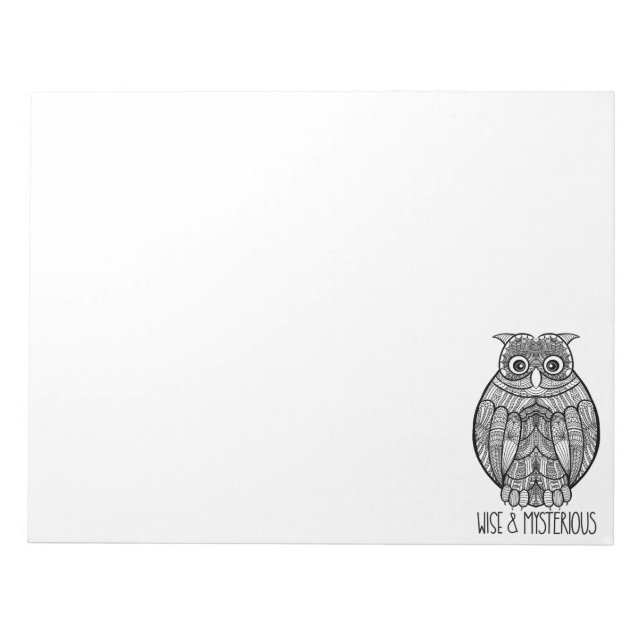 Black and White Mandala Owl Illustration with Text Notepad (Front)