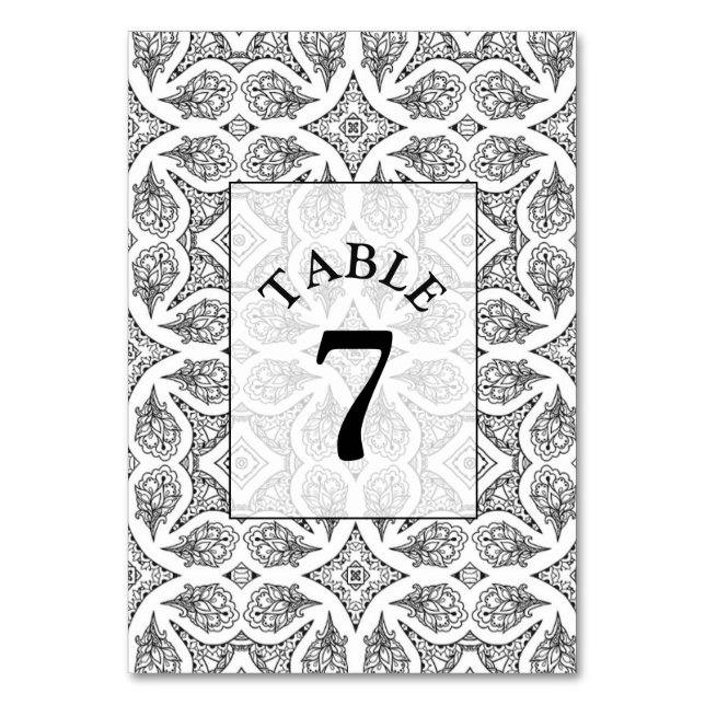 Black and White Mandala Wedding Table Number Card (Front)