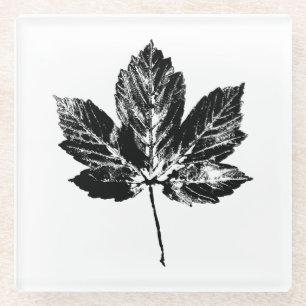 Black and White Maple Leaf Print Glass Coaster
