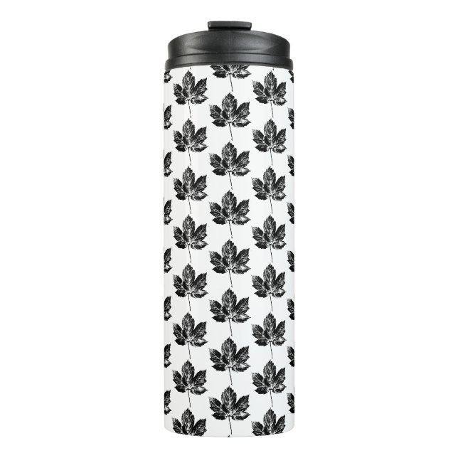 Black and White Maple Leaf Print Pattern Thermal Tumbler (Front)