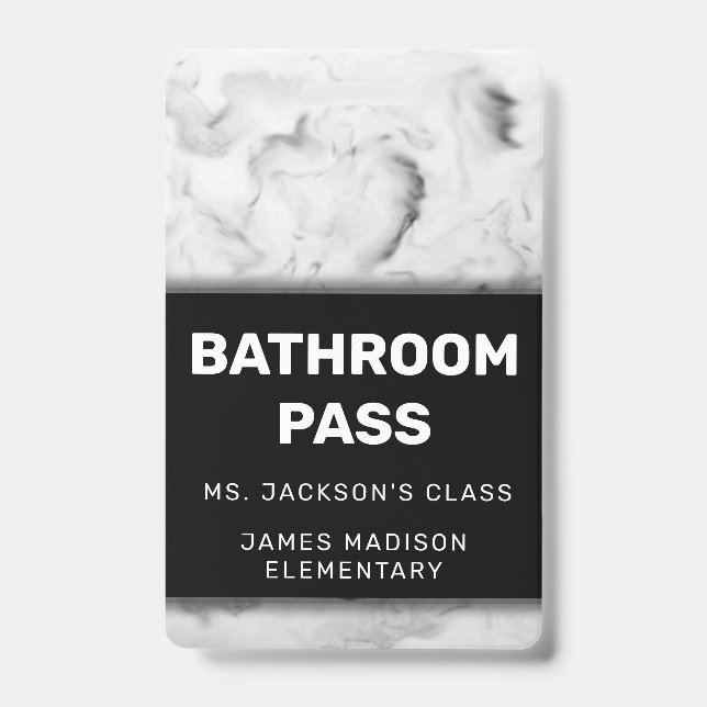 Black and White Marble Back To School Bathroom ID Badge (Front)