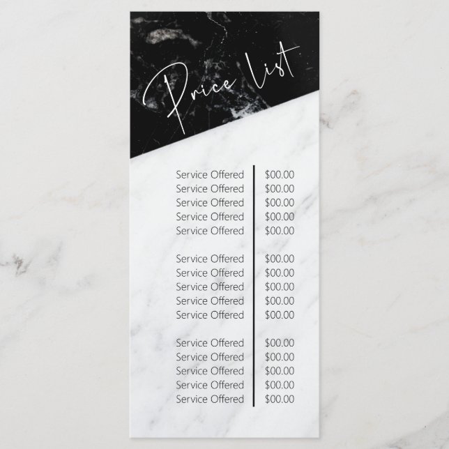 Black and White Marble Beauty Salon Price List Menu (Front)
