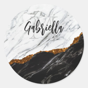 Black and White Marble Classic Round Sticker
