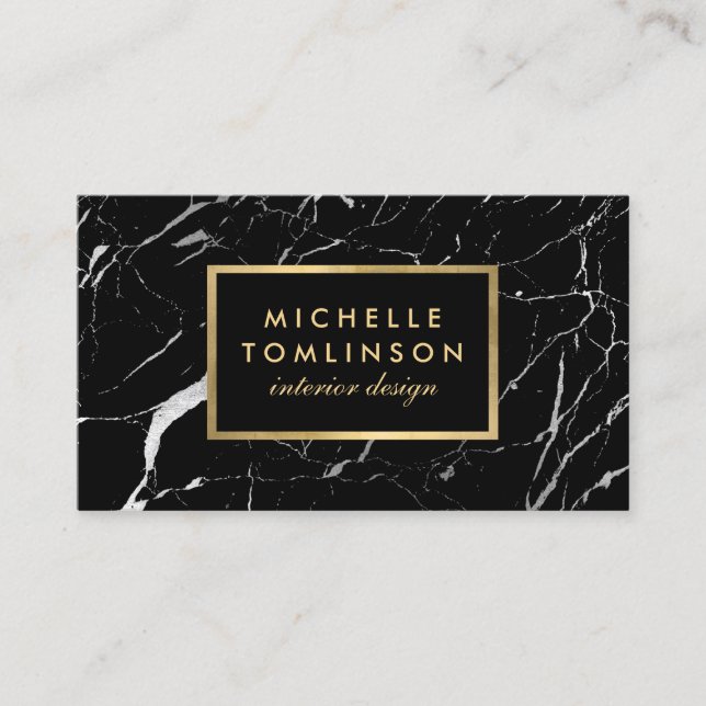 Black and White Marble Designer with Faux Gold Business Card (Front)