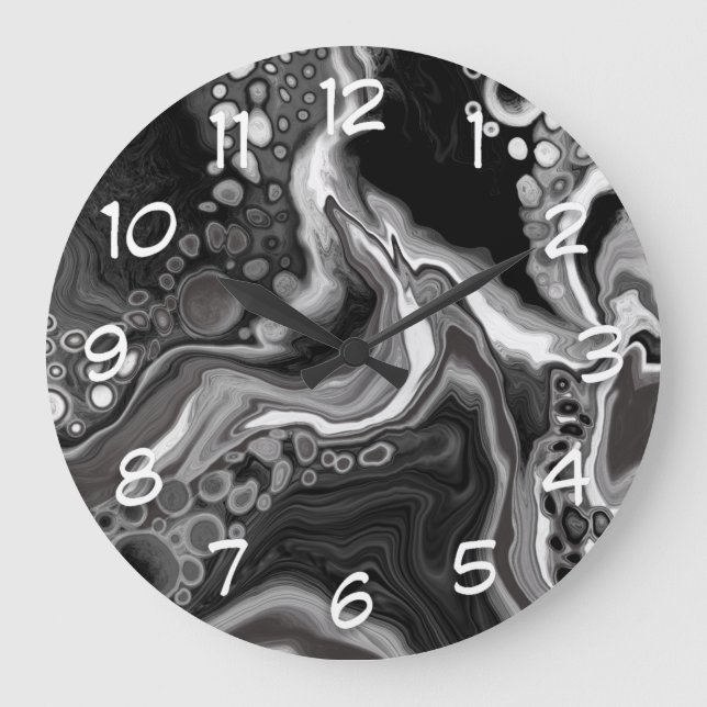 Black and White Marble Digital Fluid Art     Large Clock (Front)