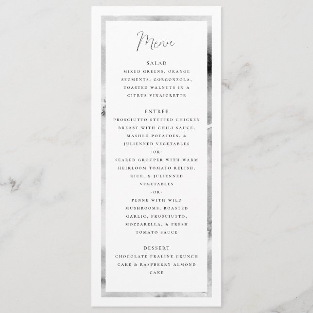 Black and White Marble Frame Formal Script Wedding Menu (Front)