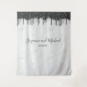 Black and White Marble Glitter Drips Wedding Tapestry