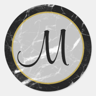 Black and White Marble Gold Monogrammed Classic Round Sticker