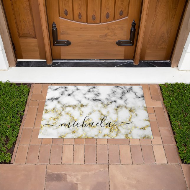 Black and white marble gold sparkle Custom name Doormat (Outdoor)