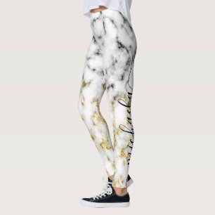 Black and white marble gold sparkle Custom name Leggings