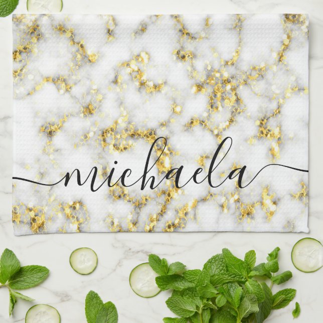 Black and white marble gold sparkle Custom name Tea Towel (Folded)