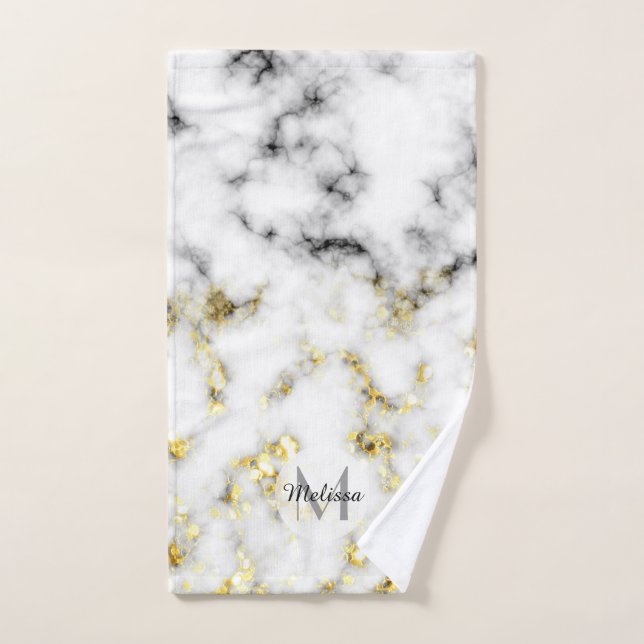 Black and white marble gold sparkle flake Monogram Bath Towel Set (Hand Towel)