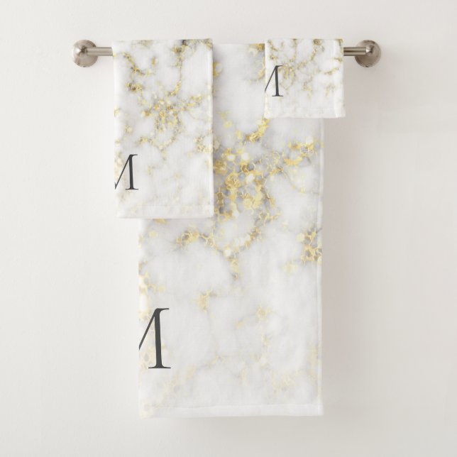 Black and white marble gold sparkle flake Monogram Bath Towel Set (Insitu)