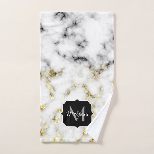 Black and white marble gold sparkle flake Monogram Bath Towel Set (Hand Towel)