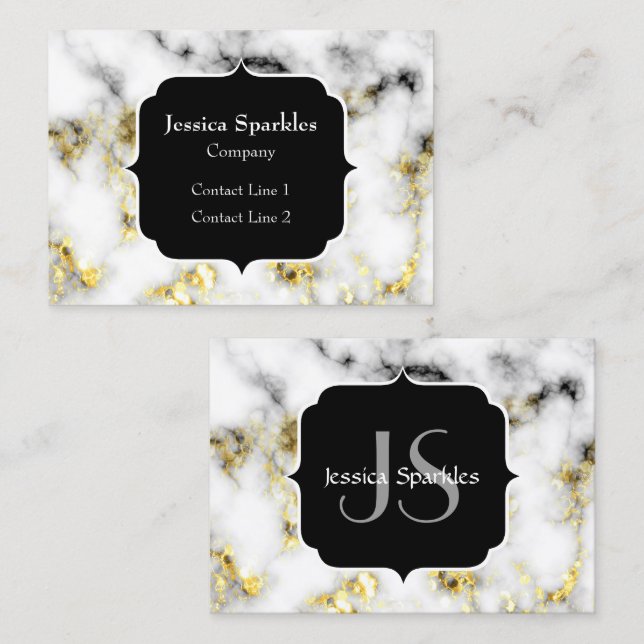 Black and white marble gold sparkle flake Monogram Business Card (Front/Back)