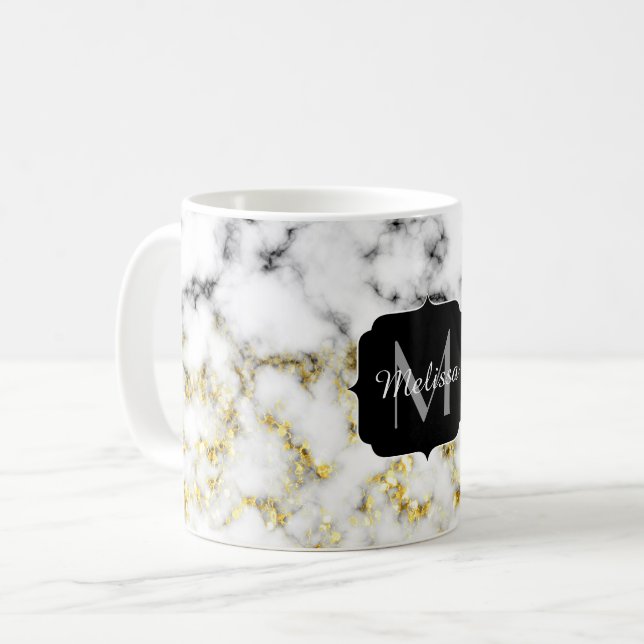 Black and white marble gold sparkle flake Monogram Coffee Mug (Front Left)