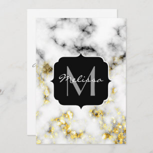 Black and white marble gold sparkle flake Monogram Invitation