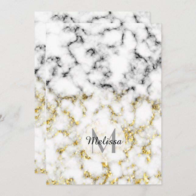 Black and white marble gold sparkle flake Monogram Invitation (Front/Back)