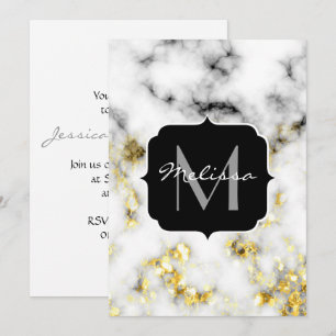 Black and white marble gold sparkle flake Monogram Invitation