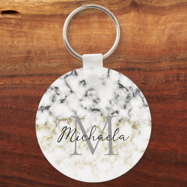Black and white marble gold sparkle flake Monogram Key Ring (Front)