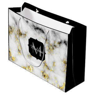 Black and white marble gold sparkle flake Monogram Large Gift Bag