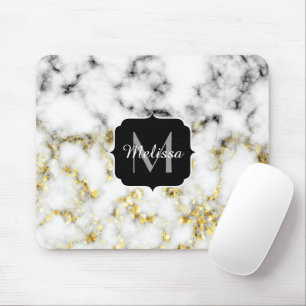 Black and white marble gold sparkle flake Monogram Mouse Mat