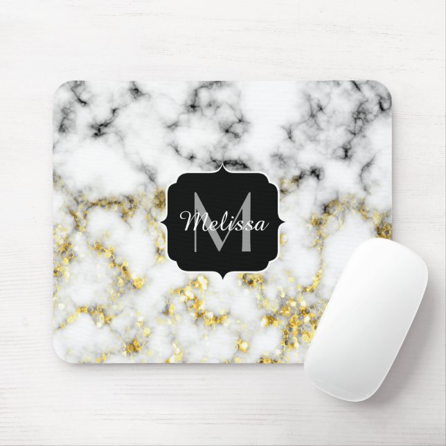 Black and white marble gold sparkle flake Monogram Mouse Mat (With Mouse)
