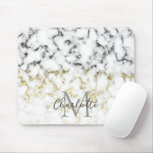 Black and white marble gold sparkle flake Monogram Mouse Mat