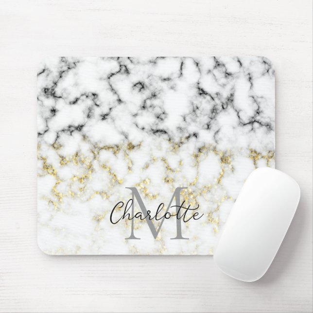 Black and white marble gold sparkle flake Monogram Mouse Mat (With Mouse)